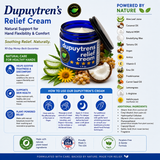 Square infographic for Tamed Organics Dupuytren’s Relief Cream featuring a blue cream jar, natural botanical ingredients, usage directions, aloe vera, arnica flowers, coconut, and badges for plant-based ingredients, Made in the USA, and paraben-free formula.