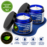 Two open jars of Tamed Organics Dupuytren’s Relief Cream displayed on a white background with blue accents, natural relief messaging, and icons highlighting hand flexibility support, botanical ingredients, and nourishing hydration.