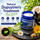 Natural Dupuytren’s treatment featuring Tamed Organics Dupuytren’s Relief Cream jar surrounded by aloe vera, arnica flowers, coconut, and botanical elements with text highlighting natural ingredients and a 90-day money-back guarantee.