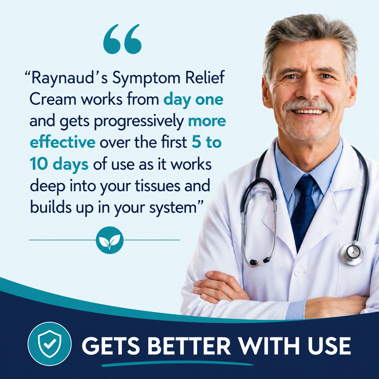 Professional testimonial-style infographic for Tamed Organics Raynaud’s Symptom Relief Cream featuring a smiling doctor beside a quote explaining that the cream may become progressively more effective over the first 5 to 10 days of use, with a “Gets Better With Use” callout on a blue and teal medical-themed background.