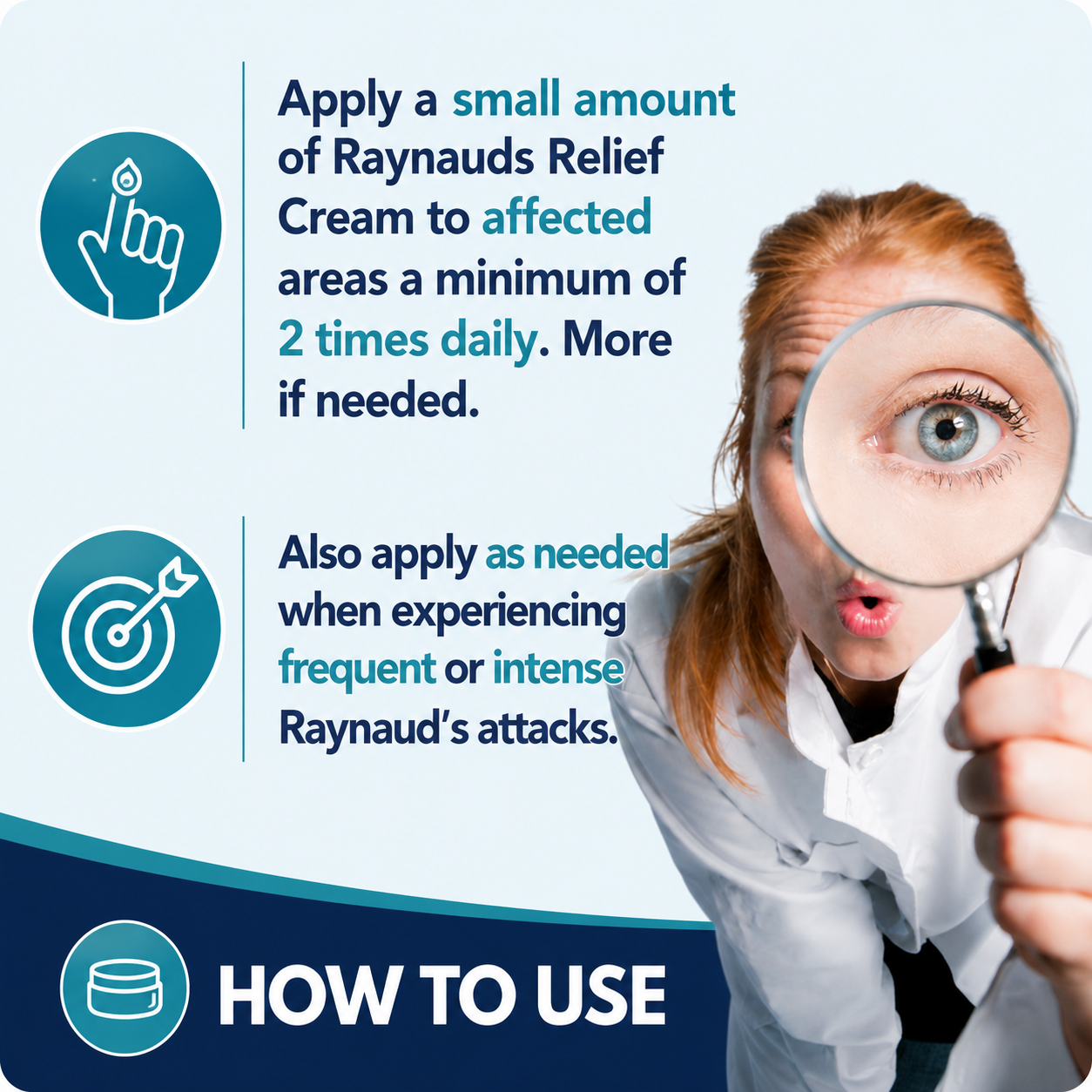 Instructional infographic for Tamed Organics Raynaud’s Relief Cream showing how to apply the cream at least two times daily and as needed during frequent or intense Raynaud’s attacks, featuring teal medical icons and a woman holding a magnifying glass on a blue and teal background with “How to Use” callout.