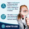 Instructional infographic for Tamed Organics Raynaud’s Relief Cream showing how to apply the cream at least two times daily and as needed during frequent or intense Raynaud’s attacks, featuring teal medical icons and a woman holding a magnifying glass on a blue and teal background with “How to Use” callout.
