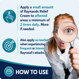 Instructional infographic for Tamed Organics Raynaud’s Relief Cream showing how to apply the cream at least two times daily and as needed during frequent or intense Raynaud’s attacks, featuring teal medical icons and a woman holding a magnifying glass on a blue and teal background with “How to Use” callout.