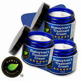 Three jars of Tamed Organics Dupuytren’s Treatment Cream displayed on a clean white background with blue abstract accents and black lids, showcasing the natural hand support cream in a multi-pack product image.