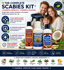 Complete Scabies Kit by Tamed Organics featuring Scabies Relief Cream, Scabies Body Wash & Shampoo, and Mite Marvel Spray. Natural scabies treatment kit designed to help eliminate scabies mites and eggs, soothe itching and irritation, support skin healing, and help prevent re-infestation with a complete 3-step approach.