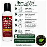 Scabies relief cream bottle with usage instructions on a white background