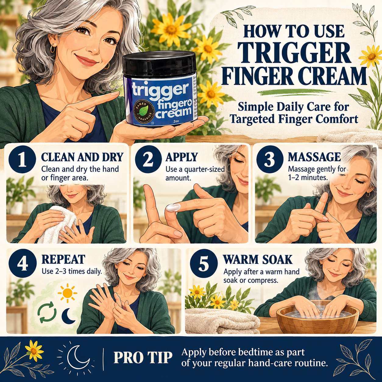Anime-style five-step guide for using Tamed Organics Trigger Finger Relief Cream