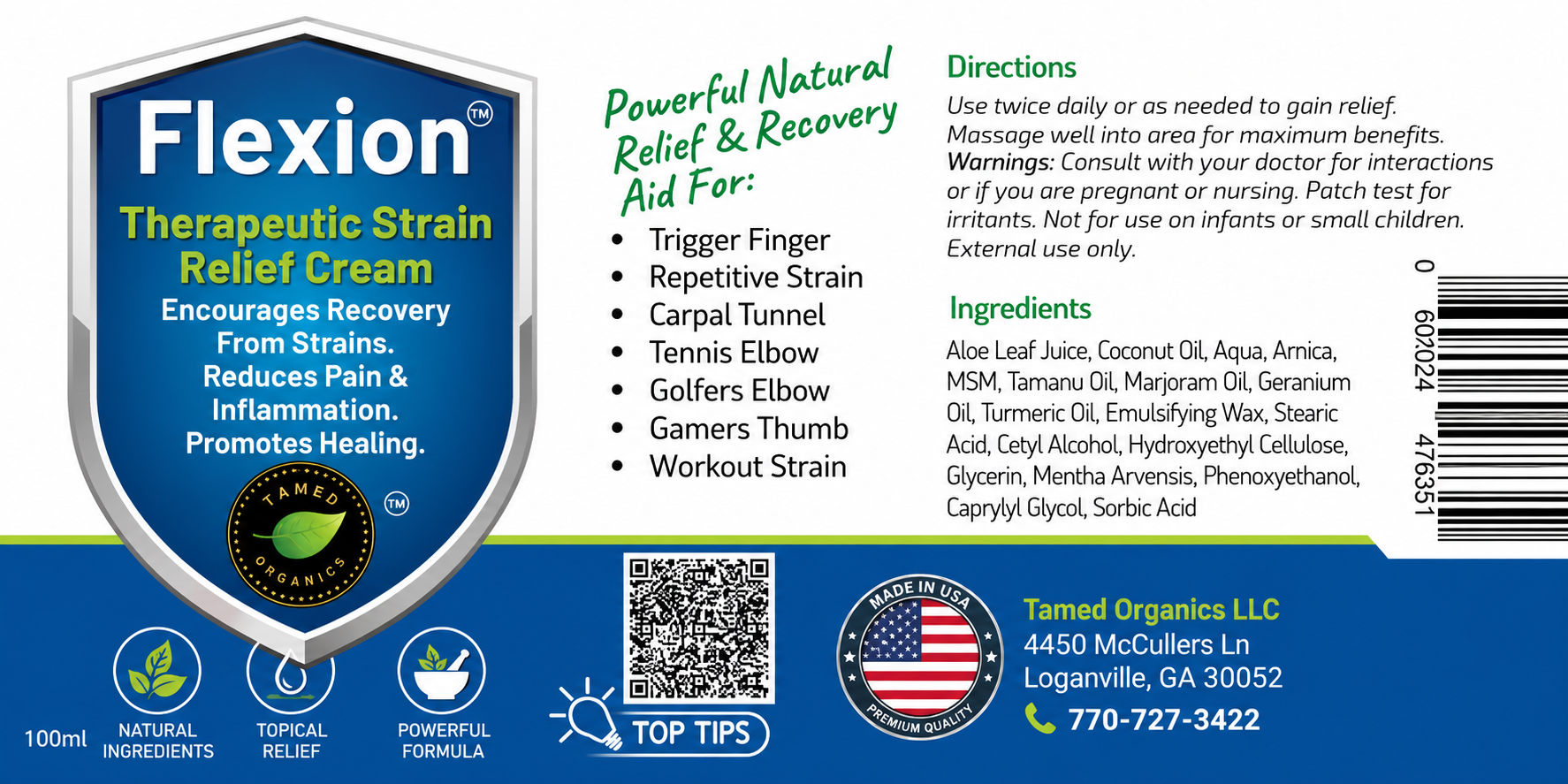 Flexion Therapeutic Strain Relief Cream label with directions and ingredients.