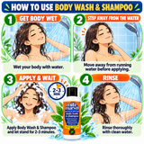 Anime guide for Mite Marvel Body Wash & Shampoo: wet body, step away from water, apply and let stand for 2–3 minutes, then rinse.