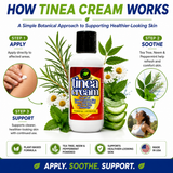 How Tinea Cream works image showing a three-step process to apply, soothe, and support healthier-looking skin using tea tree, neem, peppermint, chamomile, aloe vera, and natural MSM.