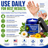 How to use Dupuytren's Treatment Cream showing twice-daily application, massage instructions, stretching support, and consistent use for healthy fascia tissue and finger mobility.