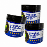 Three jars of impetigo treatment cream with labels on a white background