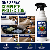 Mite Marvel mite spray bottle for furniture, bedding, carpets, and travel use with plant-based ingredients
