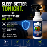 Applying Mite Marvel spray to mattress surface to target mites, bed bugs, and hidden pests in bedding