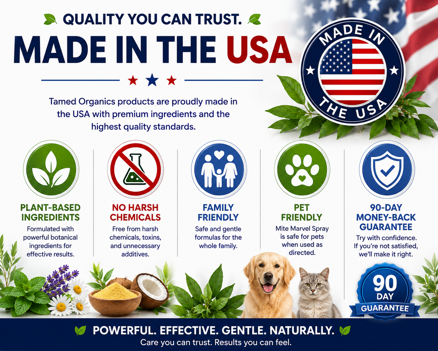 Made in USA trust graphic highlighting Tamed Organics products, plant-based ingredients, no harsh chemicals, family-friendly formulas, pet-friendly products, and a 90-day money-back guarantee.

