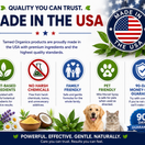 Made in USA trust graphic highlighting Tamed Organics products, plant-based ingredients, no harsh chemicals, family-friendly formulas, pet-friendly products, and a 90-day money-back guarantee.
