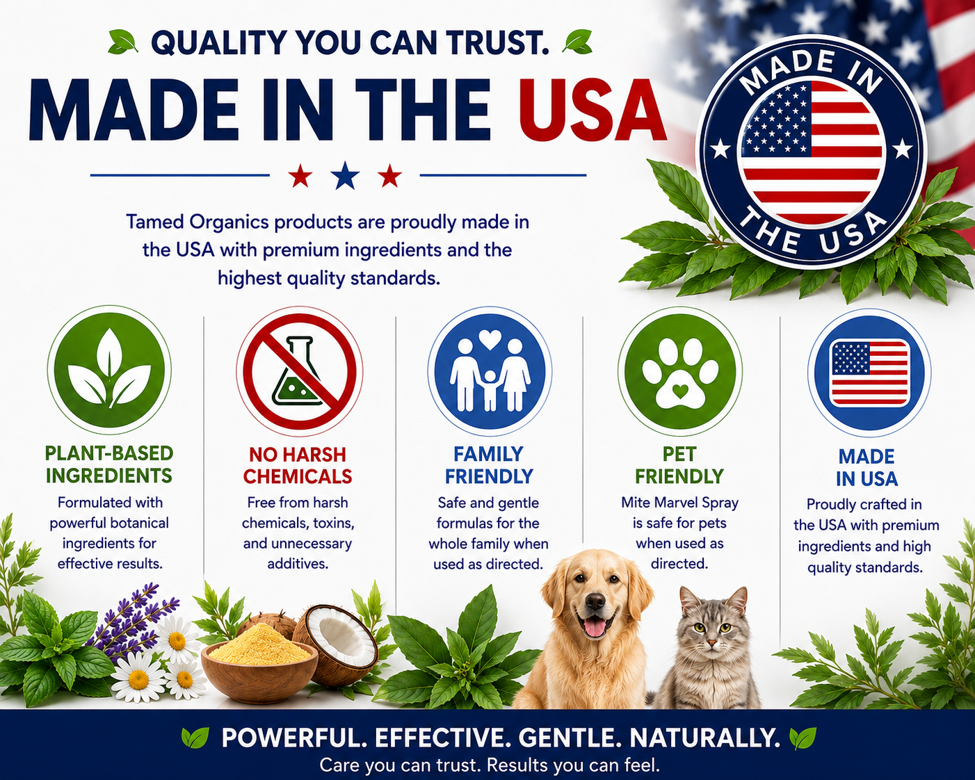 Made in USA trust graphic highlighting Tamed Organics products, plant-based ingredients, no harsh chemicals, family-friendly formulas, and pet-friendly products.