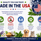 Made in USA trust graphic highlighting Tamed Organics products, plant-based ingredients, no harsh chemicals, family-friendly formulas, and pet-friendly products.