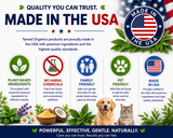 Made in USA trust graphic highlighting Tamed Organics products, plant-based ingredients, no harsh chemicals, family-friendly formulas, and pet-friendly products.