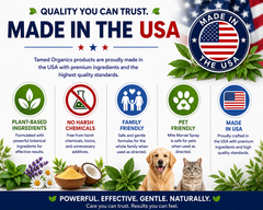 Made in USA trust graphic highlighting Tamed Organics products, plant-based ingredients, no harsh chemicals, family-friendly formulas, and pet-friendly products.