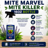 Mite Marvel Mite Killer 16 oz plant-based spray featuring pet-friendly protection, no harsh chemical odors, Made in USA quality, and a 90-day money-back guarantee as part of a 3-step mite eradication system.
