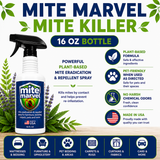 Mite Marvel Mite Killer 16 oz plant-based spray featuring pet-friendly protection, no harsh chemical odors, Made in the USA.