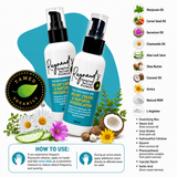 Two-pack image of Tamed Organics Raynaud’s Symptom Relief Formula pump bottles displayed against a teal abstract background with the Tamed Organics logo badge. The image highlights natural vasodilator cream designed to help reduce the frequency and severity of Raynaud’s attacks, with usage directions for preventive and active relief support.