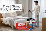 Man spraying mattress with mite treatment spray alongside scabies treatment cream, body wash and shampoo for full home and skin care
