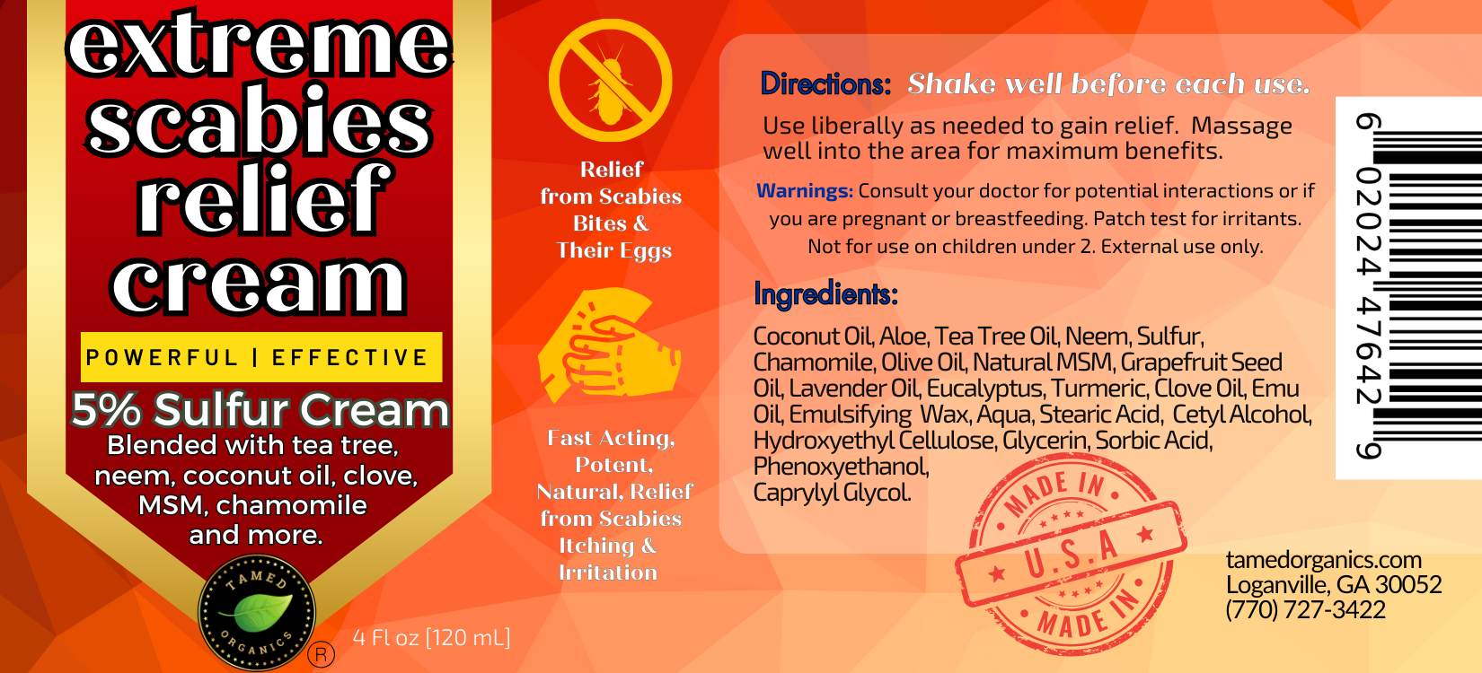 Label of extreme scabies relief cream with directions and ingredients listed.