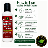 Scabies relief cream bottle with usage instructions on a white background