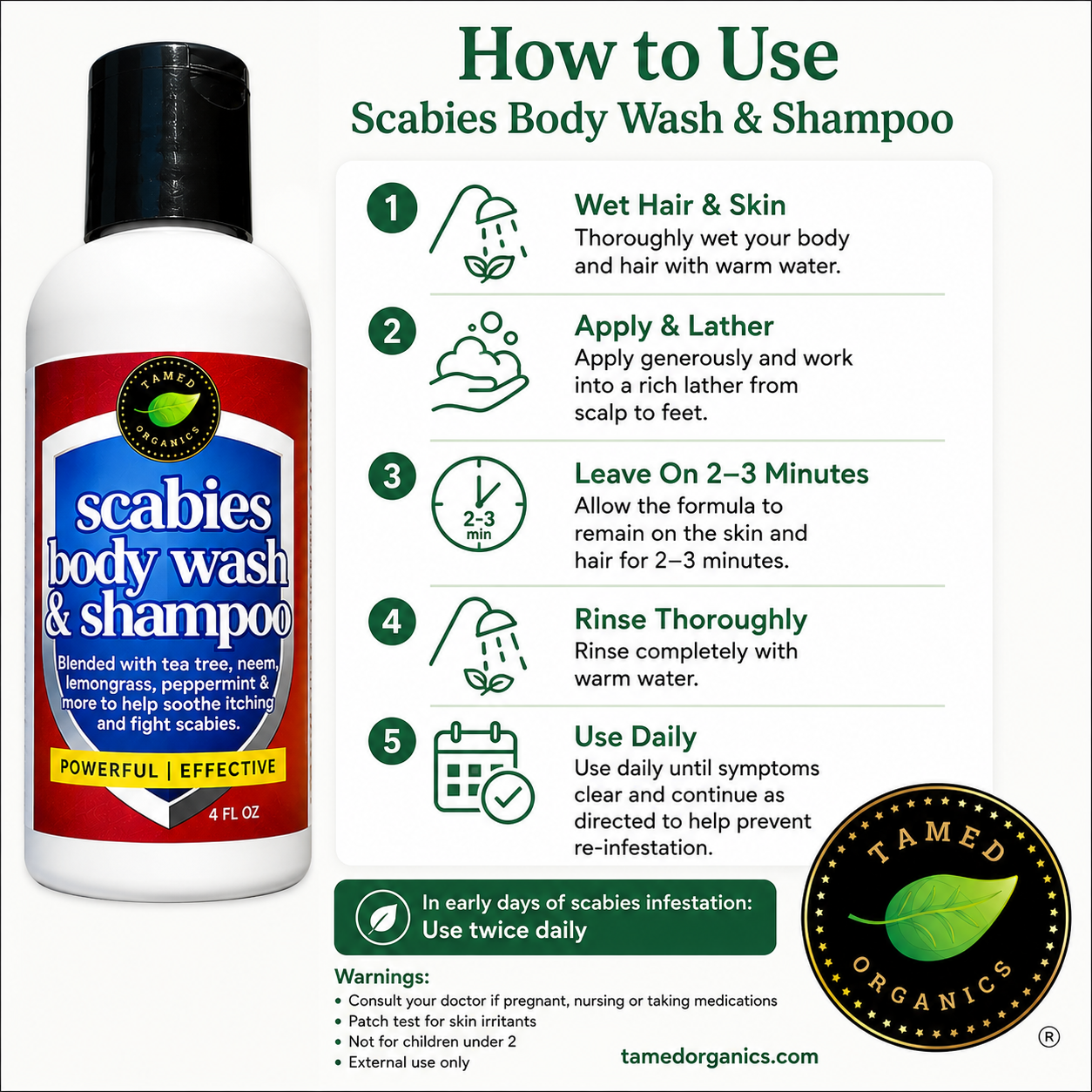 Scabies body wash & shampoo bottle with usage instructions on a white background