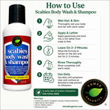 Scabies body wash & shampoo bottle with usage instructions on a white background