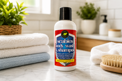 Scabies body wash & shampoo bottle on a bathroom counter with towels and a brush.