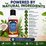 Scabies Body Wash & Shampoo is powered by Tea Tree Oil, Neem Oil, Coconut Oil, Peppermint Oil, Lemongrass Oil, Jojoba Oil, Hemp Seed Oil, and Vitamin E. Plant-based formula that helps cleanse, soothe, and support healthy skin as part of a 3-step scabies management system.