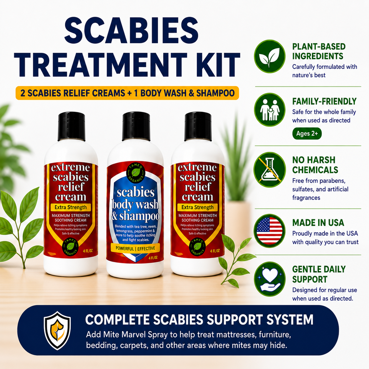 Scabies Treatment Kit with 2 Scabies Relief Creams & 1 Scabies Body Wash & Shampoo