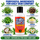 Mite Marvel Relief Cream featuring tea tree, neem, coconut oil, clove, MSM, and chamomile for daily skin comfort and conditioning.