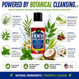 Tamed Organics Tinea Body Wash ingredients featuring tea tree oil, neem oil, peppermint oil, lemongrass oil, jojoba oil, and coconut oil to help cleanse and support healthier-looking skin affected by ringworm, athlete's foot, jock itch, and tinea versicolor.