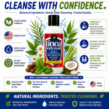 Tamed Organics Tinea Body Wash trust and safety image highlighting plant-based ingredients, gentle daily cleansing, made in USA quality, and a 90-day money-back guarantee for fungal-prone skin support.