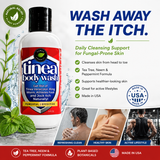 Tinea Body Wash by Tamed Organics with tea tree, neem, and peppermint oils to help cleanse fungal-prone skin and support relief from ringworm, athlete's foot, jock itch, and tinea versicolor.