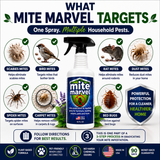 Mite Marvel mite killer spray for scabies mites, bird mites, rat mites, dust mites, spider mites, carpet mites, and bed bugs. Plant-based household pest control spray made in the USA.