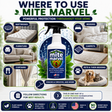 Where to use Mite Marvel mite killer spray on mattresses, bedding, furniture, carpets, curtains, pet bedding, and household surfaces for scabies mites, bird mites, rat mites, dust mites, and other household pests.