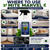 Where to use Mite Marvel mite killer spray on mattresses, bedding, furniture, carpets, curtains, pet bedding, and household surfaces for scabies mites, bird mites, rat mites, dust mites, and other household pests.