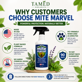 Mite Marvel natural mite spray for scabies mites, bird mites, rat mites, dust mites, and household pests. Made in the USA with a plant-based formula, it's pet-friendly when used as directed, has no harsh chemical odors, and is backed by a 90-day money-back guarantee from Tamed Organics.