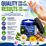 Trust image for Dupuytren's Treatment Cream highlighting plant-based ingredients, made-in-USA quality, deep-penetrating formula, small-batch manufacturing, and a 90-day money-back guarantee.