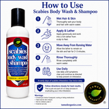 Scabies body wash and shampoo bottle with usage instructions on a blue background
