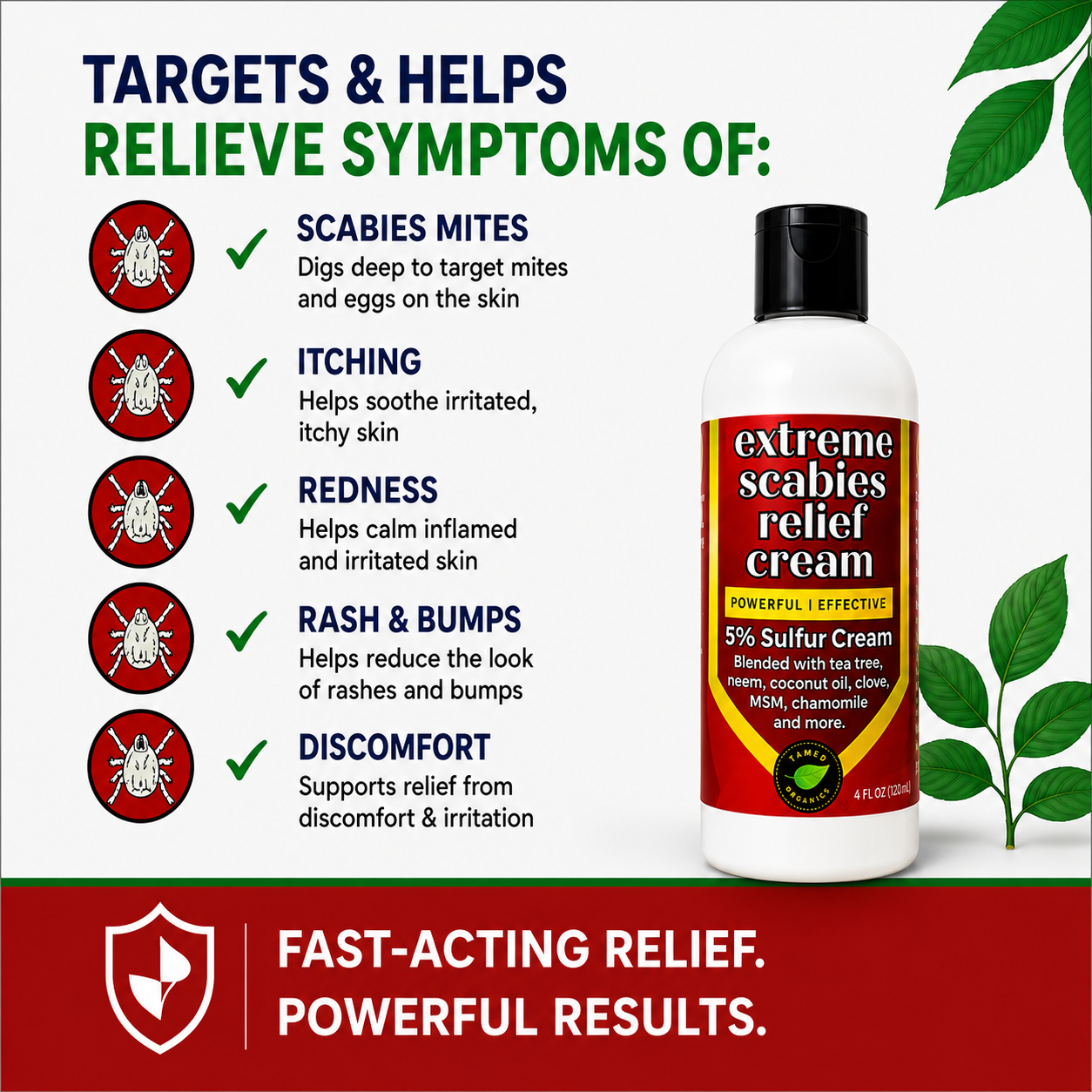 A bottle of scabies relief cream is shown with text listing symptoms it helps relieve, including scabies mites, itching, redness, rash, and discomfort. The bottle is white with a black cap and a red-and-yellow label.