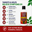 A bottle of scabies relief cream is shown with text listing symptoms it helps relieve, including scabies mites, itching, redness, rash, and discomfort. The bottle is white with a black cap and a red-and-yellow label.