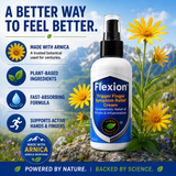 Flexion Trigger Finger Symptom Relief Cream Arnica spotlight infographic featuring Arnica montana flowers in a mountain meadow, highlighting plant-based ingredients, fast-absorbing formula, support for active hands and fingers, and natural relief for trigger finger discomfort, stiffness, and inflammation.