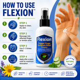 Flexion Trigger Finger Symptom Relief Cream how-to-use infographic showing step-by-step application instructions, including applying to clean dry skin, massaging into affected fingers and tendons, using 2–3 times daily, and applying after a warm soak to support absorption, comfort, and mobility.