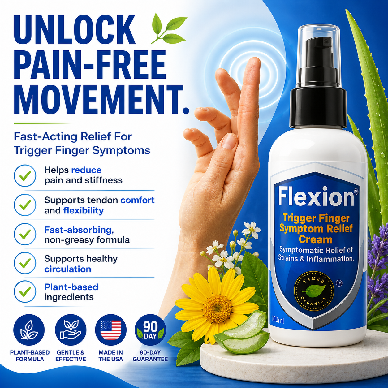 Flexion Trigger Finger Symptom Relief Cream hero image featuring fast-acting relief for trigger finger pain, stiffness, tendon discomfort, flexibility support, healthy circulation, plant-based ingredients, and a non-greasy formula.